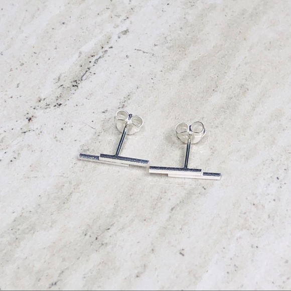 925 Sterling Silver Double Bar Stud Earrings - Picture 3 of 16